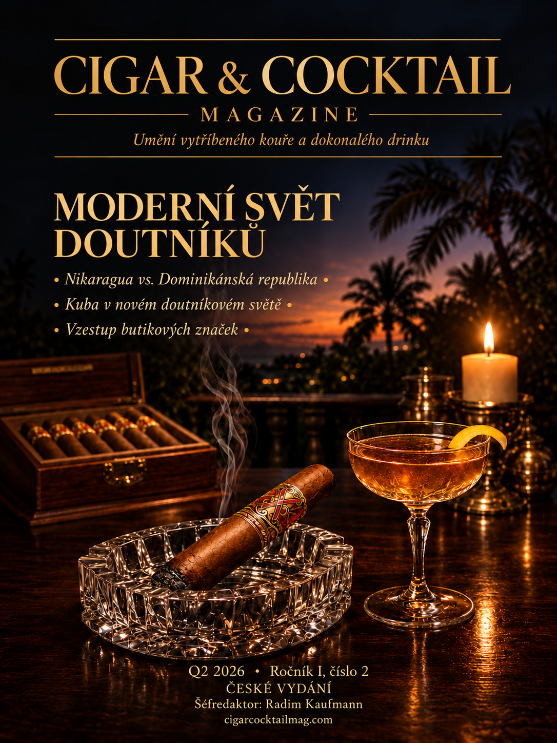 Návrh české obálky Cigar & Cocktail Magazine — Q2 2026: Moderní svět doutníků