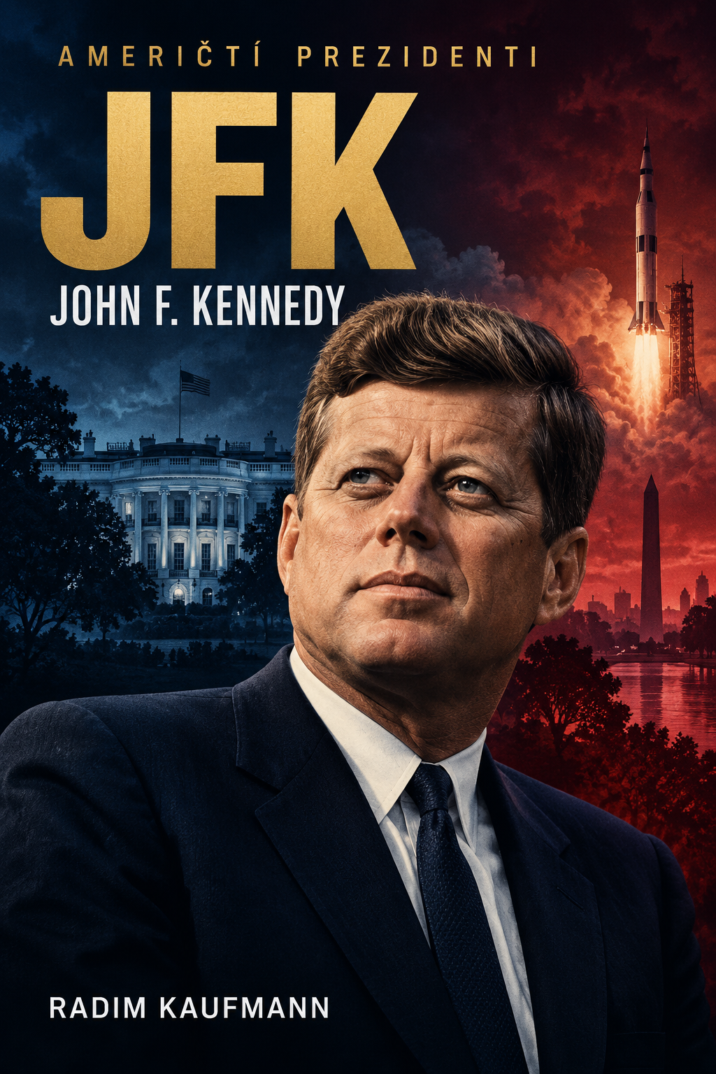 JFK — John F. Kennedy, obálka knihy Radima Kaufmanna; AI ilustrace